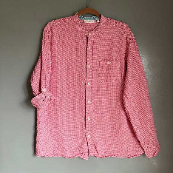 MURANO BAIRD MCNUTT Men's L Red Check Long Sleeve Linen Button Up Summer Classic - Picture 1 of 11